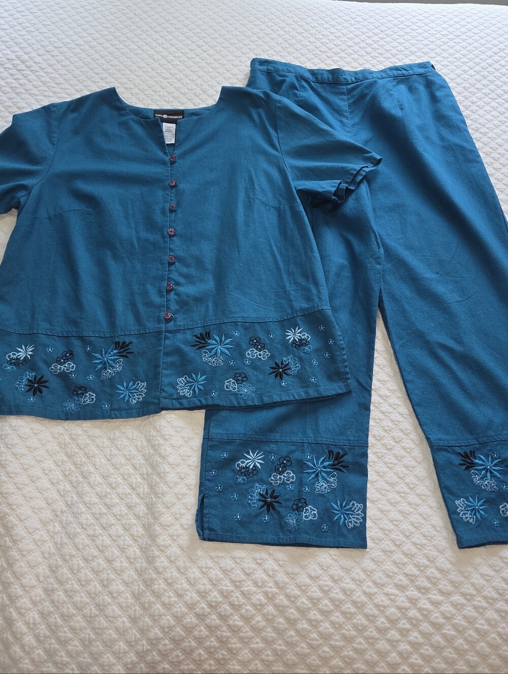 Vtg Sag Harbor Embroidered Linen Cotton Set Jewel Blue Pant & Top MISMATCH SIZES